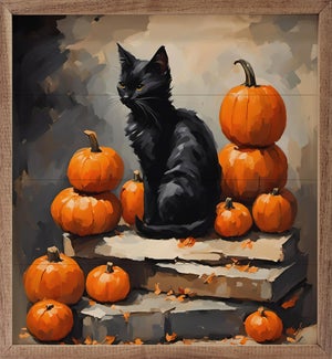 Black Cat With Pumpkin Stack